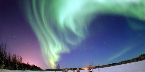 Aurora Borealis, the colored lights seen in the skies around the North Pole, the Northern Lights, from Bear Lake, Alaska, Beautiful Christmas Scene, Winter Star Filled Skies, Scenic Nature by Beverly -amp